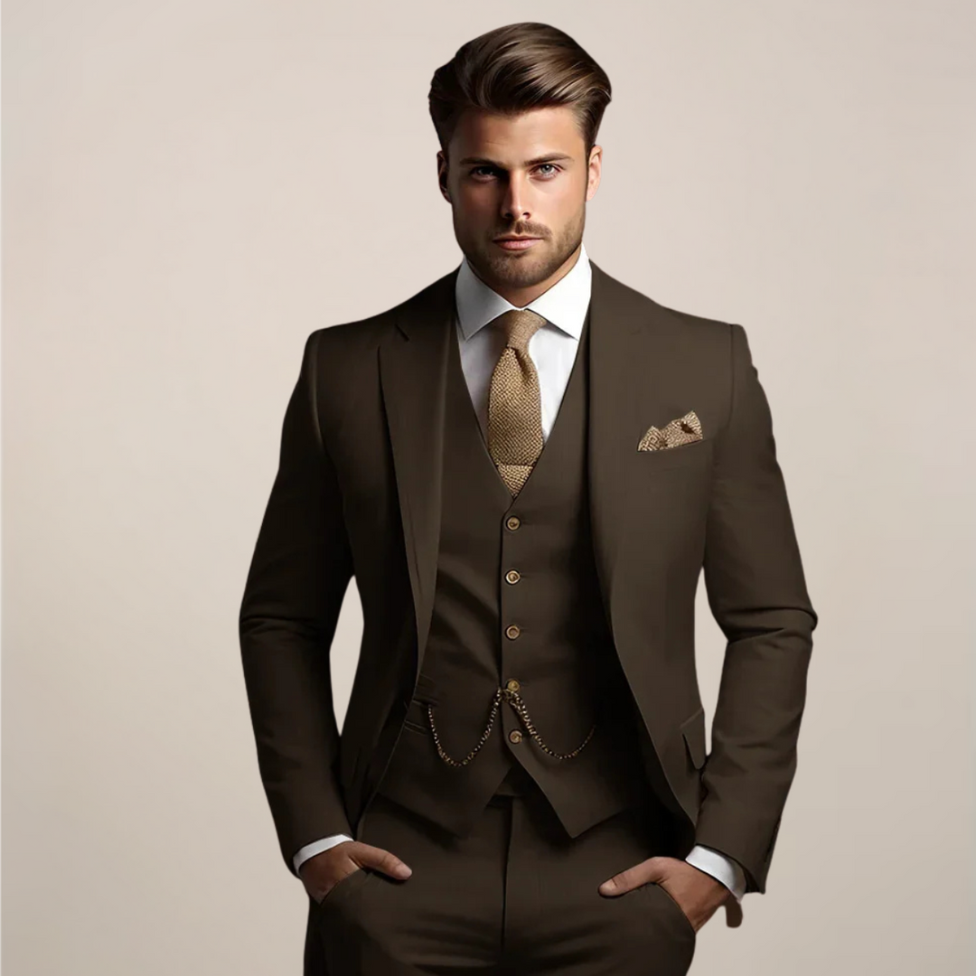 Modern men's slim fit three-piece suit, a tailored outfit set offering contemporary menswear style.