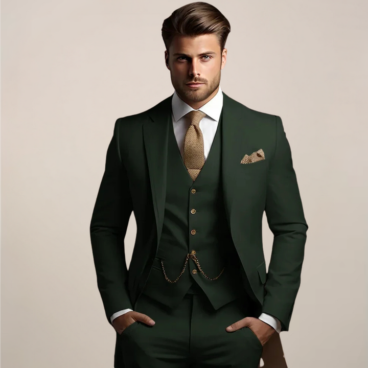 Complete men's three-piece suit set: jacket, waistcoat, trousers for versatile formal & business wear.