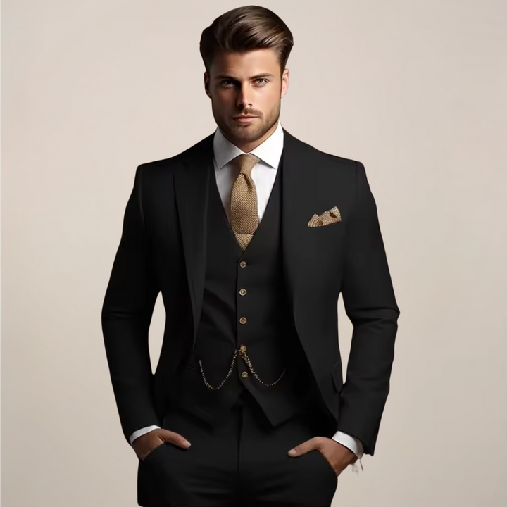 Luxurious men's slim fit three-piece suit. Perfect menswear for weddings, business, and special events.