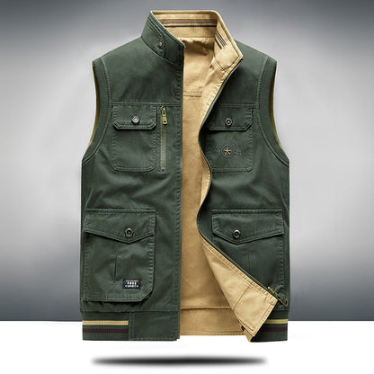 Men's khaki Ascend multi-pocket utility vest, perfect for streetwear layering & outdoor adventures.