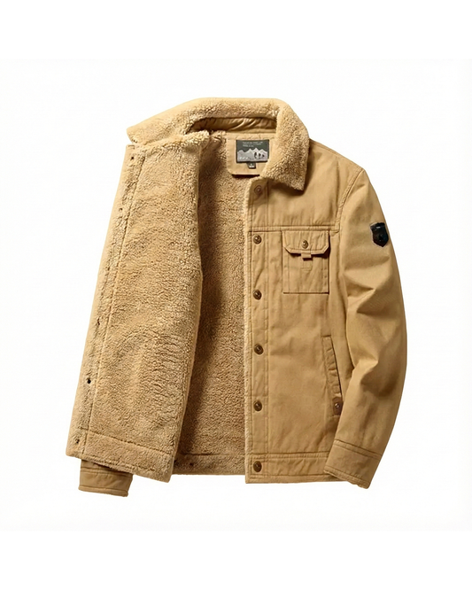 Men's khaki sherpa-lined trucker jacket, a warm cotton blend for casual winter style.