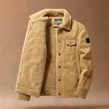 Khaki men's trucker jacket with cozy sherpa lining, perfect casual winter outerwear.