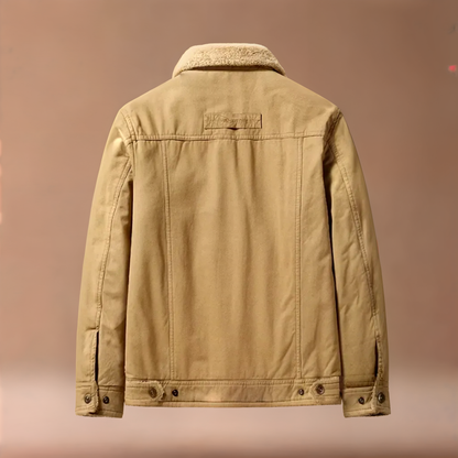 Warm men's sherpa-lined trucker jacket in cotton blend, ideal casual winter outerwear.