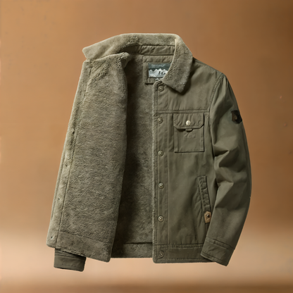 Stylish men's cotton blend trucker jacket with warm sherpa lining, perfect for casual winter.