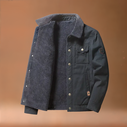 Men's casual khaki sherpa-lined trucker jacket, durable cotton blend, ideal for winter adventures.