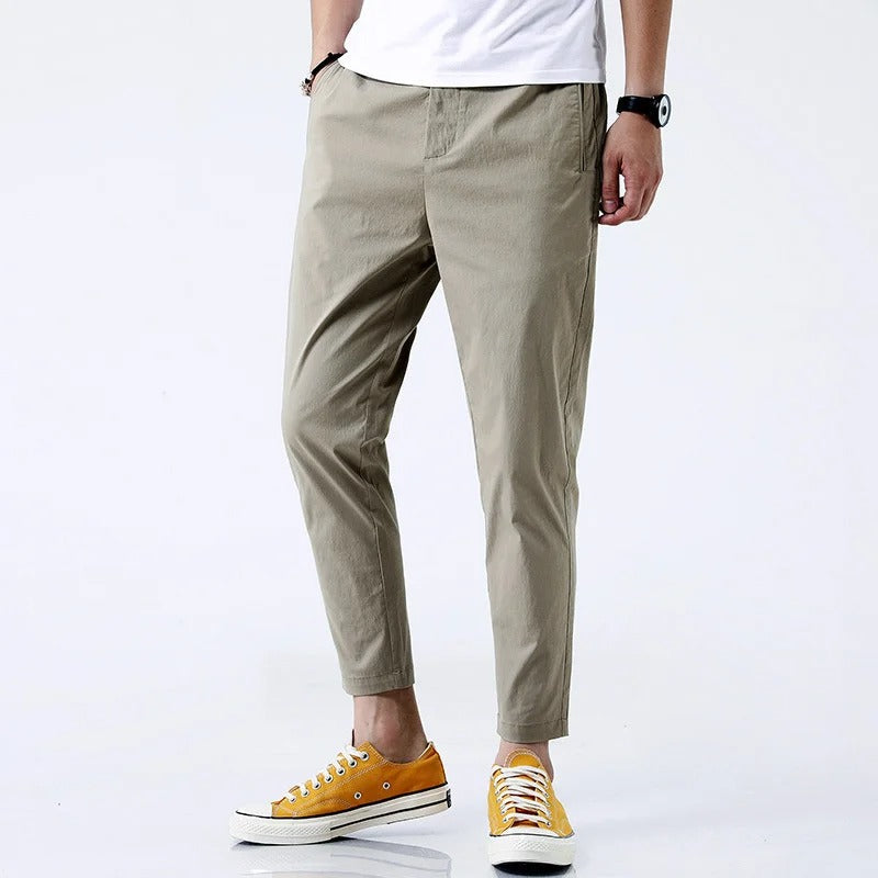 Gray men's comfortable stretch chino trousers, straight fit cotton blend, perfect for versatile daily style.