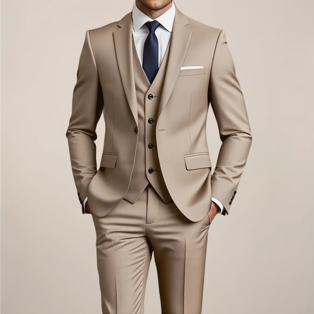 Men's khaki three-piece slim fit suit, perfect for weddings, formal events & business wear.