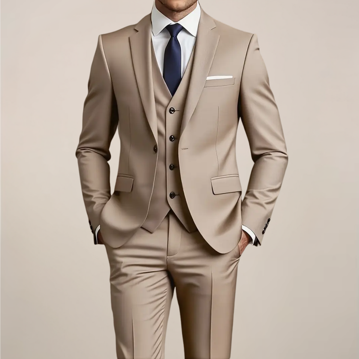 Men's khaki three-piece slim fit suit, perfect for weddings, formal events & business wear.