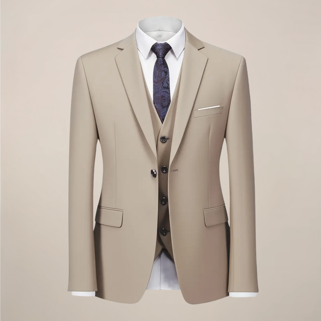 Modern men's khaki slim fit three-piece suit, tailored for a sophisticated wedding or event look.
