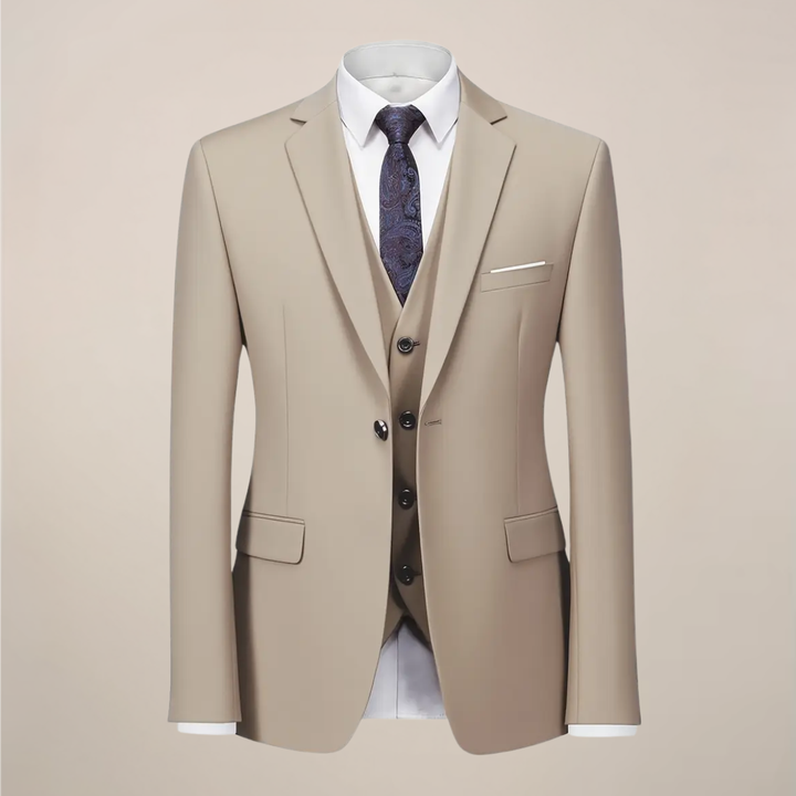 Modern men's khaki slim fit three-piece suit, tailored for a sophisticated wedding or event look.