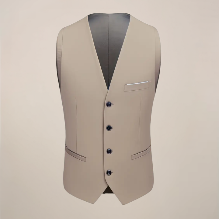 Khaki three-piece slim fit men's suit, including jacket, vest & trousers, ideal for formal wear.
