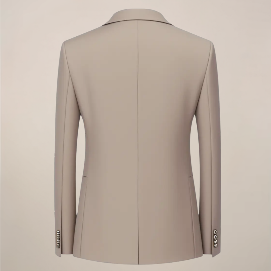 Stylish men's khaki three-piece suit, slim fit, featuring a modern design for weddings & formal fashion.