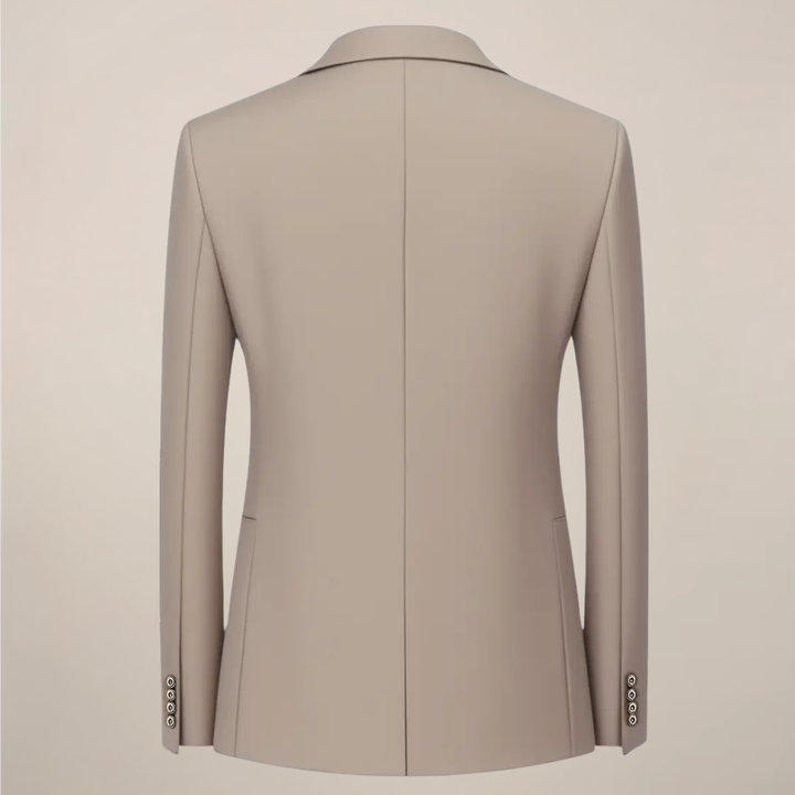 Stylish men's khaki three-piece suit, slim fit, featuring a modern design for weddings & formal fashion.