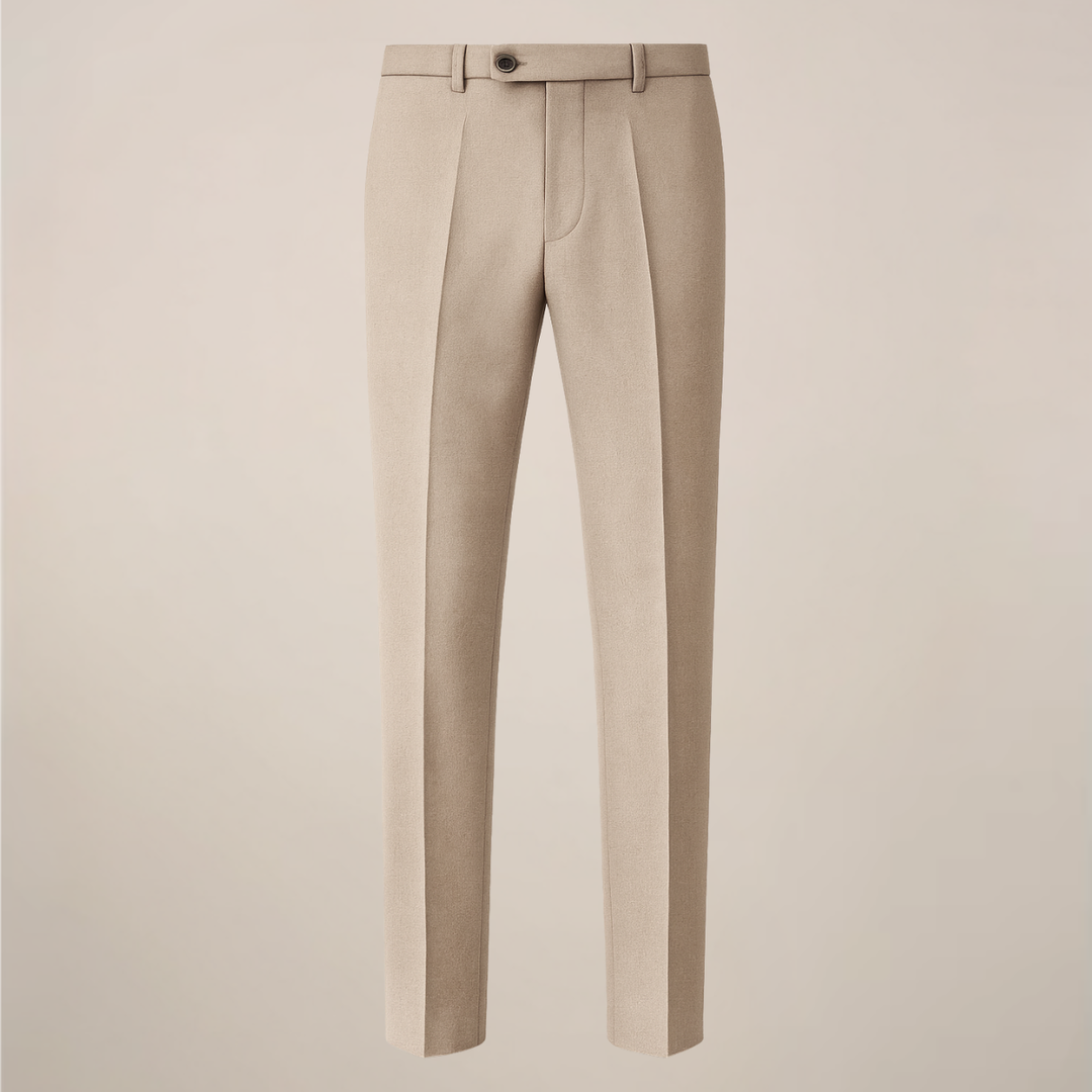 Khaki three-piece slim fit men's suit. A modern tailored ensemble for weddings, business & formal events.