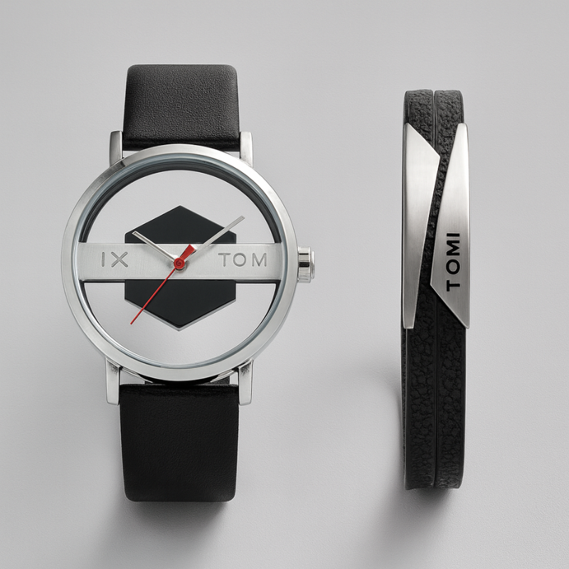 Men's Kinetic Orbit Watch Set with a stylish black leather band and modern steel case.