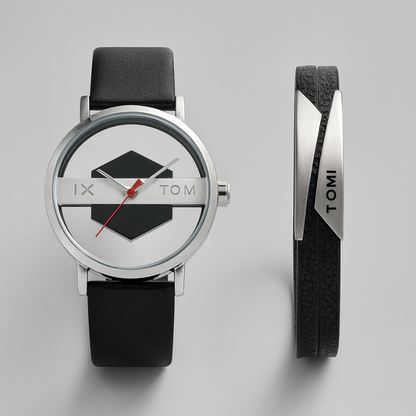 Men's Kinetic Orbit Watch Set with a stylish black leather band and modern steel case.