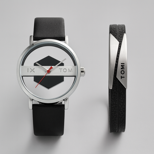 Men's Kinetic Orbit Watch Set with a stylish black leather band and modern steel case.