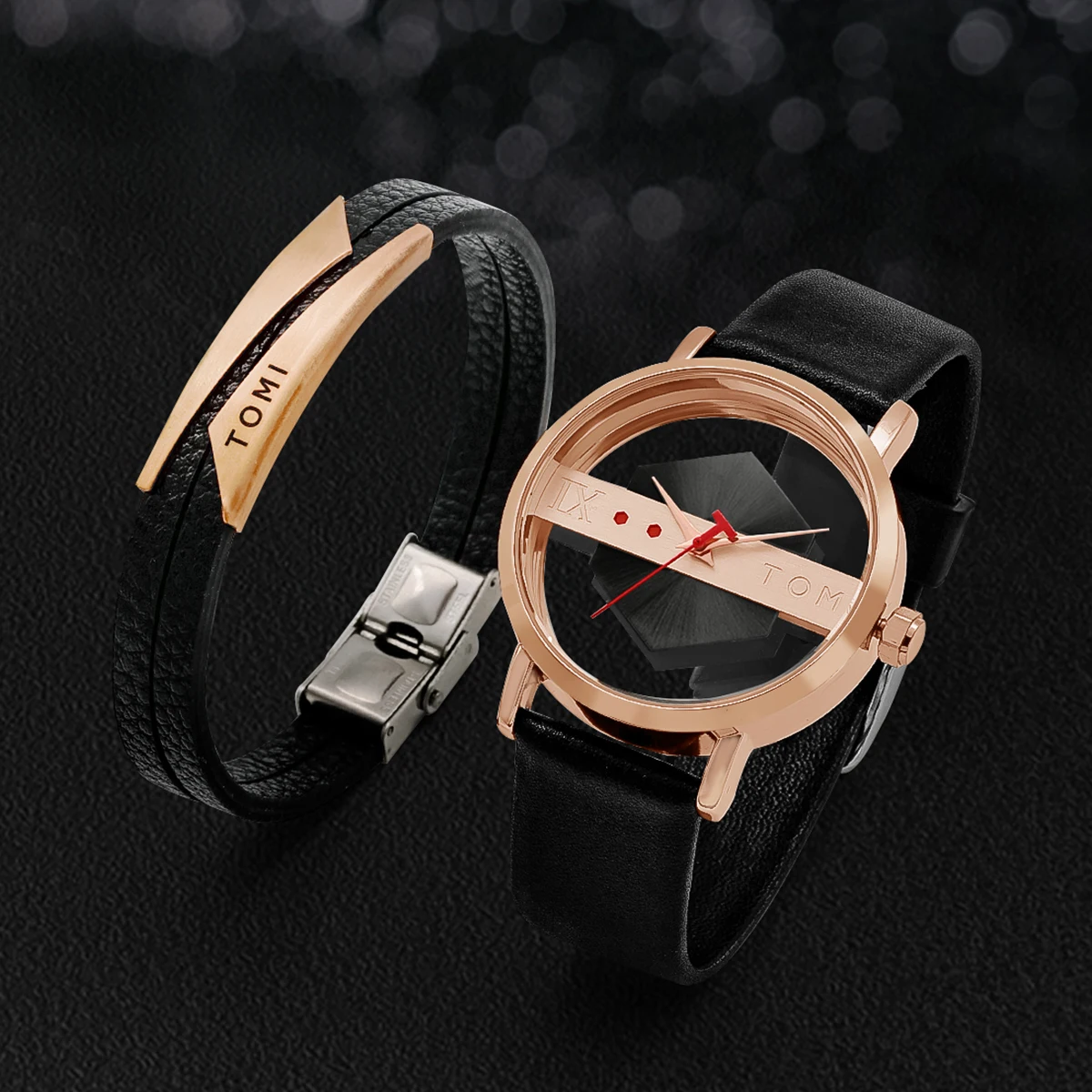Professional shot of a men's designer Kinetic Orbit Watch, highlighting its sleek steel finish and elegant leather strap.