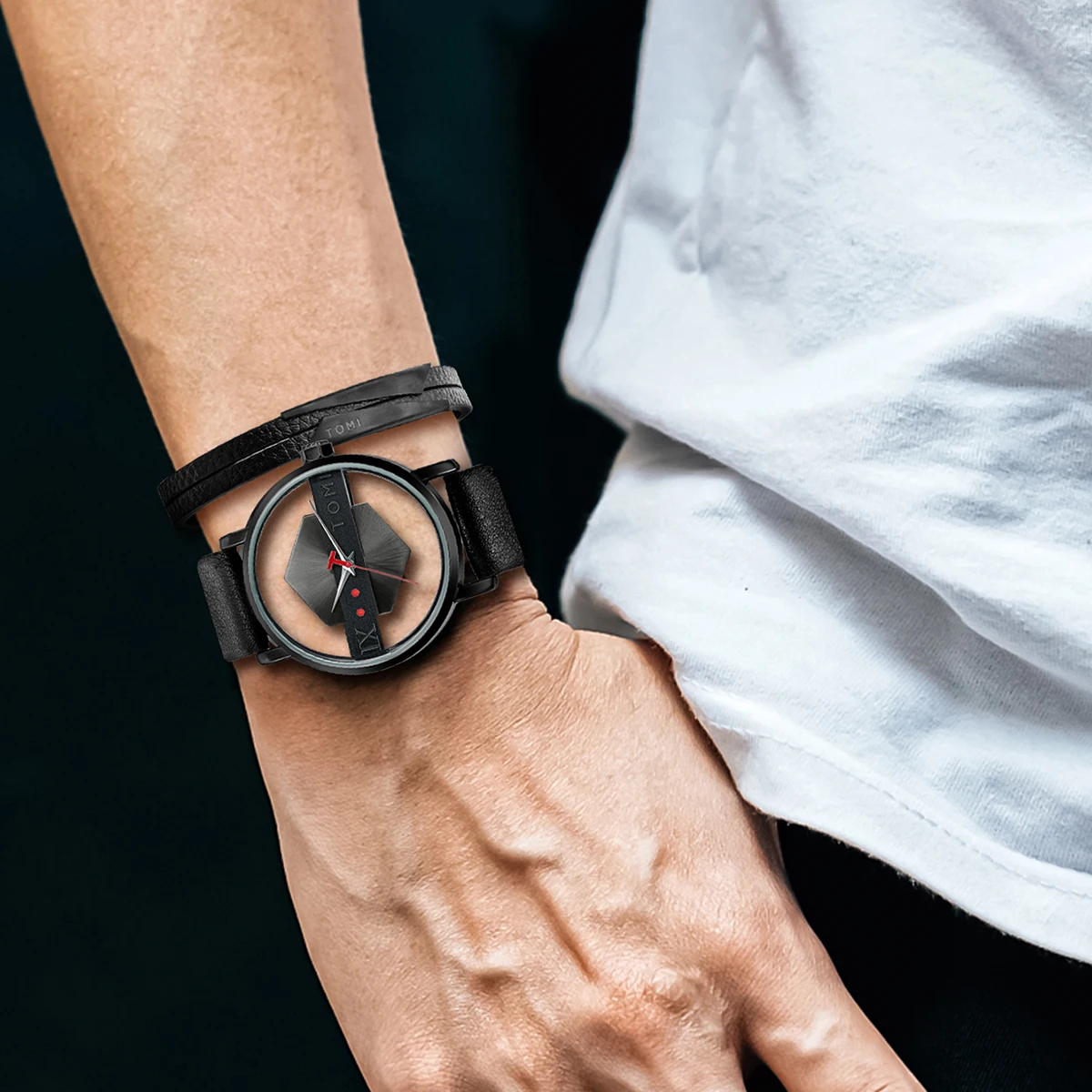 Men's versatile Kinetic Orbit Watch, a unique designer timepiece featuring a durable and stylish leather band.