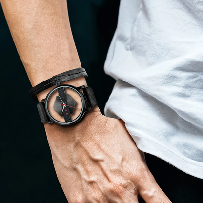 Men's versatile Kinetic Orbit Watch, a unique designer timepiece featuring a durable and stylish leather band.