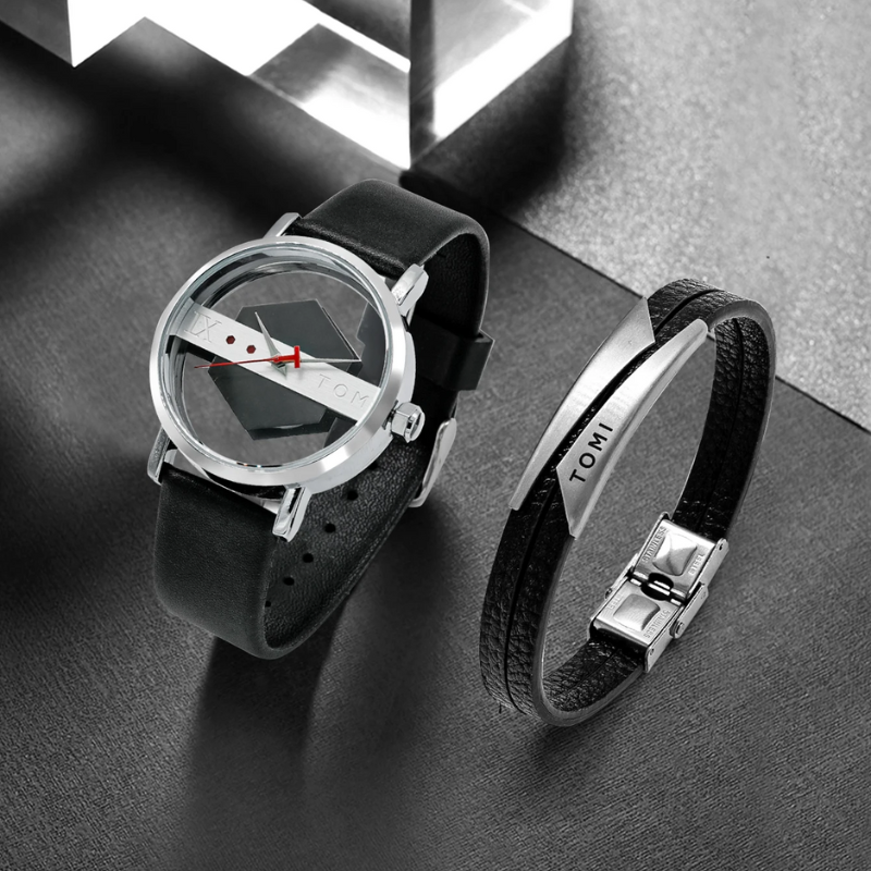 Close-up of a unique men's Kinetic Orbit Watch dial, showcasing its innovative display and steel finish.