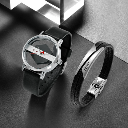 Close-up of a unique men's Kinetic Orbit Watch dial, showcasing its innovative display and steel finish.
