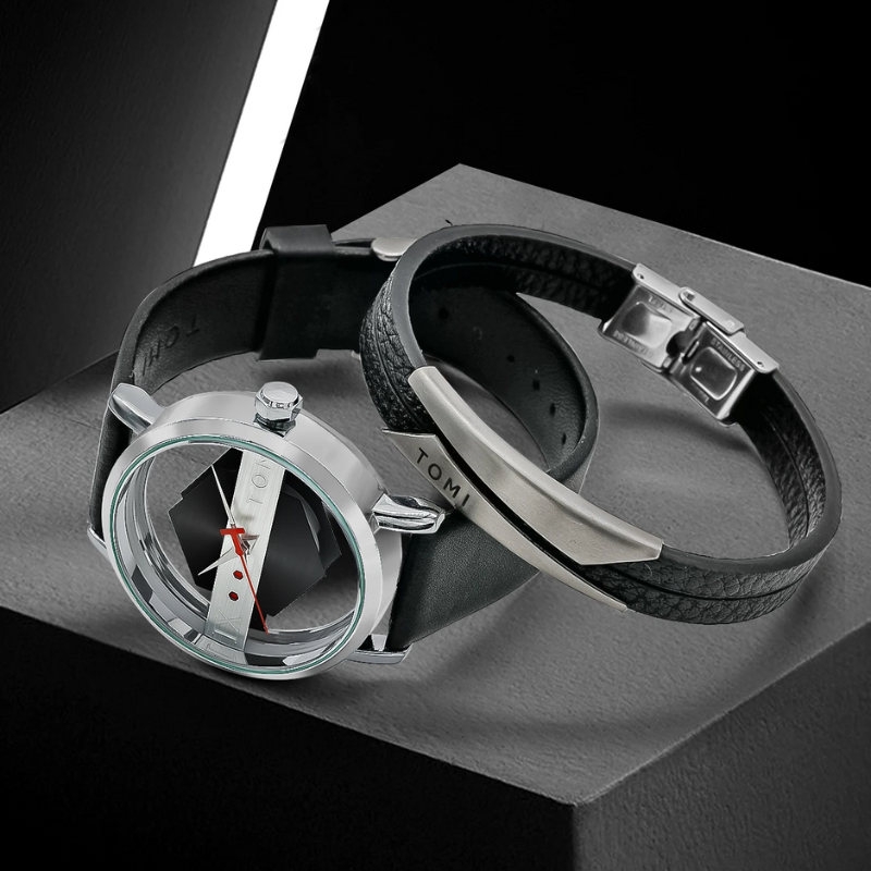 Elegant men's designer Kinetic Orbit Watch featuring a premium brown leather strap and sleek steel case.