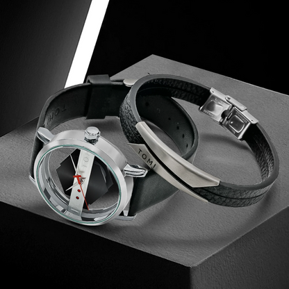 Elegant men's designer Kinetic Orbit Watch featuring a premium brown leather strap and sleek steel case.