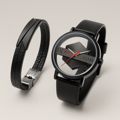 Side view of a men's Kinetic Orbit Watch, highlighting the curved steel case and genuine leather band.