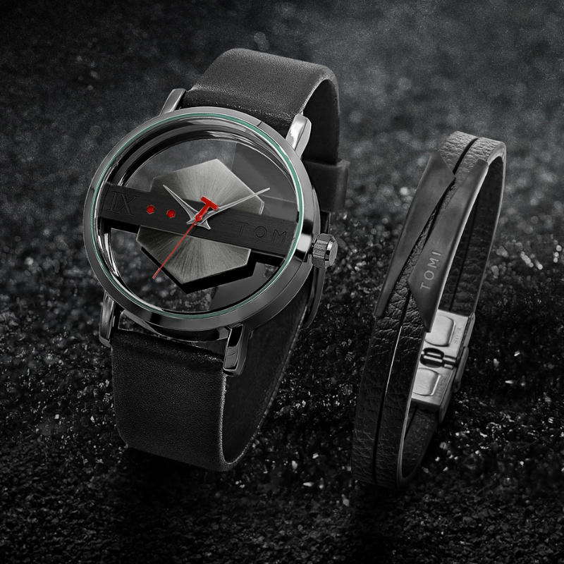 Men's Kinetic Orbit Watch on wrist, showing the stylish leather band, steel case, and unique display.