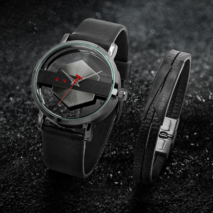 Men's Kinetic Orbit Watch on wrist, showing the stylish leather band, steel case, and unique display.