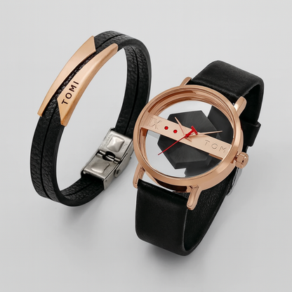 Top-down perspective of a men's modern Kinetic Orbit Watch set, showcasing its contemporary design.