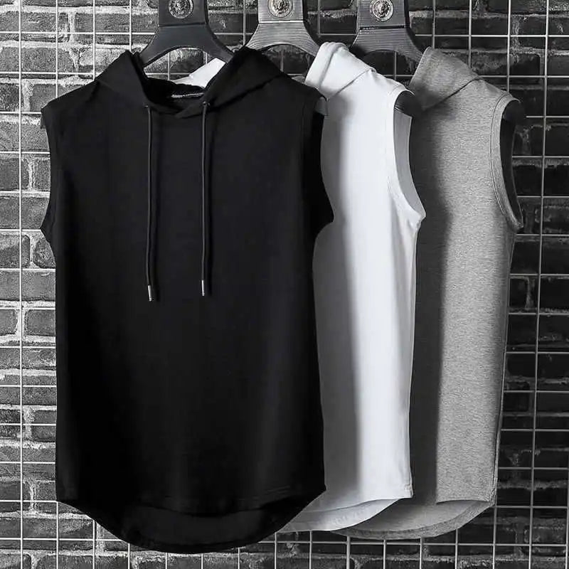 Men's Kinetic sleeveless hoodie. Activewear for gym workouts. Breathable, lightweight design with drop-curve hem for comfort.