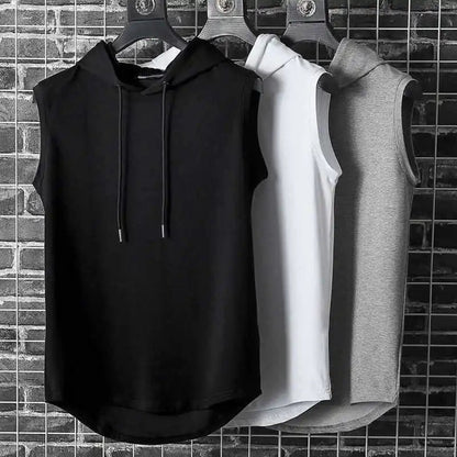 Men's Kinetic sleeveless hoodie. Activewear for gym workouts. Breathable, lightweight design with drop-curve hem for comfort.