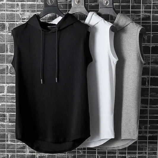 Men's Kinetic sleeveless hoodie. Activewear for gym workouts. Breathable, lightweight design with drop-curve hem for comfort.