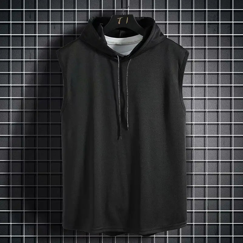 Athletic men's sleeveless hoodie vest for ultimate freedom of movement. Performance gym wear, breathable workout top.