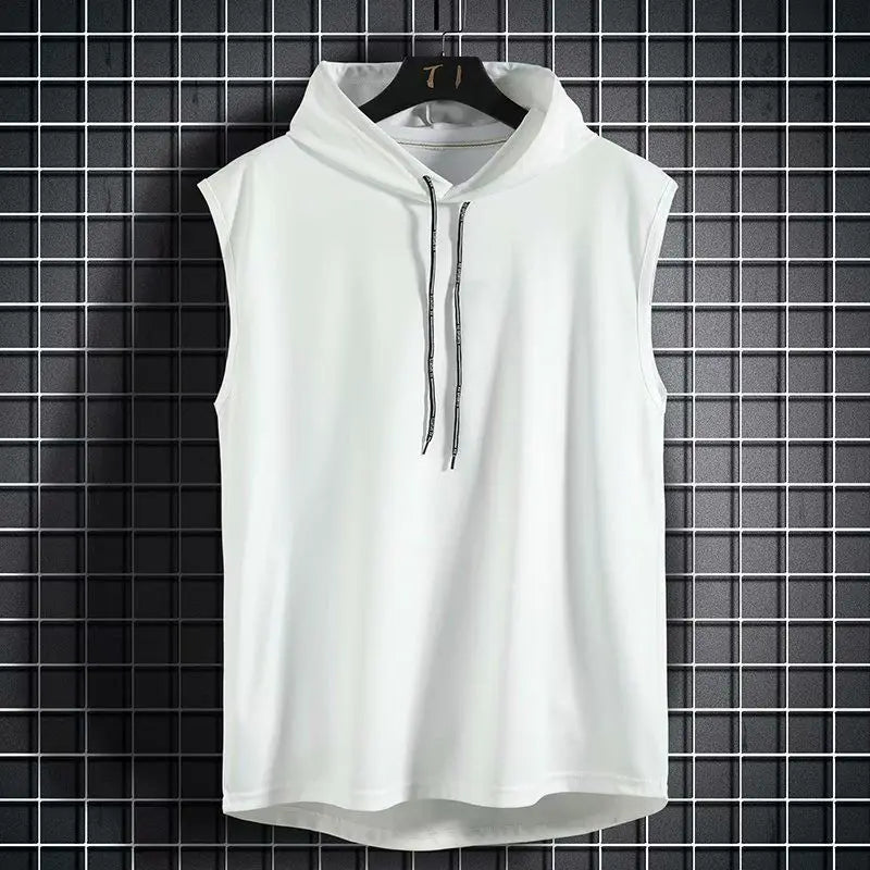 Versatile men's sleeveless hoodie for casual style & activewear. Lightweight, breathable athletic apparel with drop-curve hem.