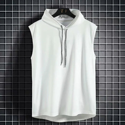 Versatile men's sleeveless hoodie for casual style & activewear. Lightweight, breathable athletic apparel with drop-curve hem.