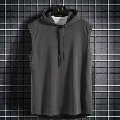 Men's comfortable sleeveless hoodie. Breathable, lightweight gym wear & workout top, ideal for all-day athletic performance.