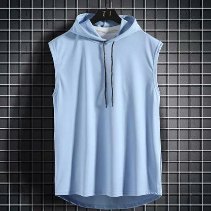 Men's Kinetic hooded vest. Performance sleeveless hoodie for workouts, gym, and versatile casual style. Freedom of movement.