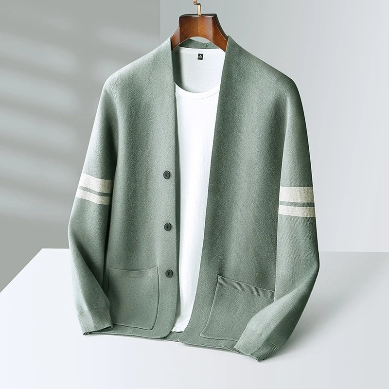 Stylish men's varsity-style knit cardigan, featuring practical patch pockets for modern menswear.