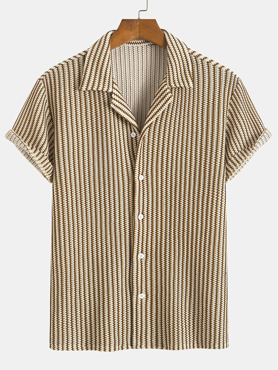 Men's knit striped short sleeve button-up shirt. Casual, breathable stretch fabric, ideal for summer fashion.
