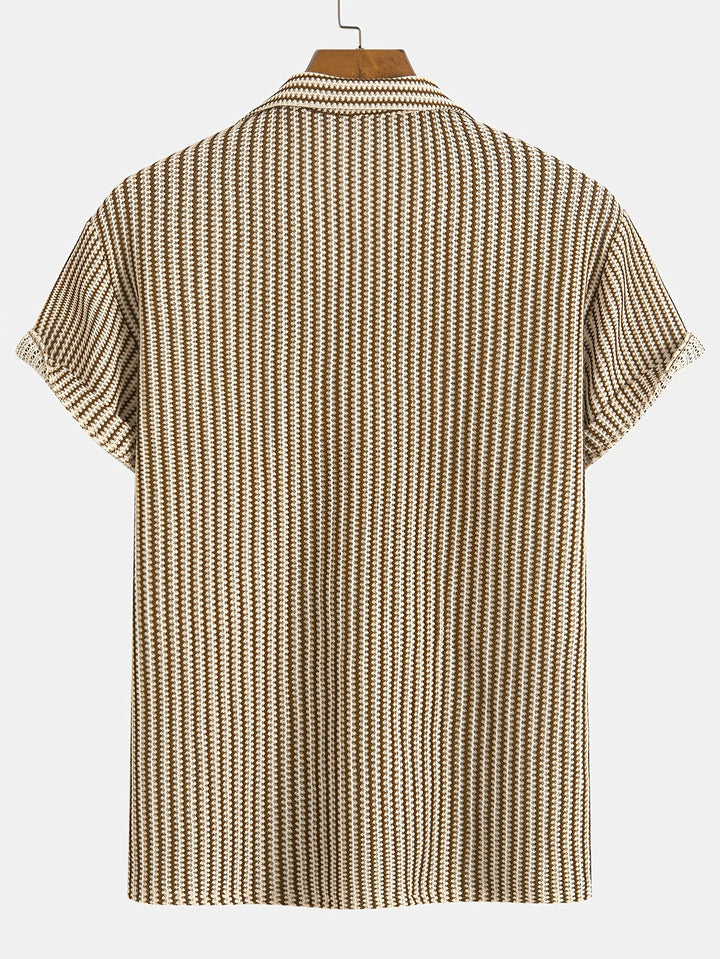 Breathable stretch knit striped button-up shirt for men. Short sleeve, perfect casual summer fashion wear.