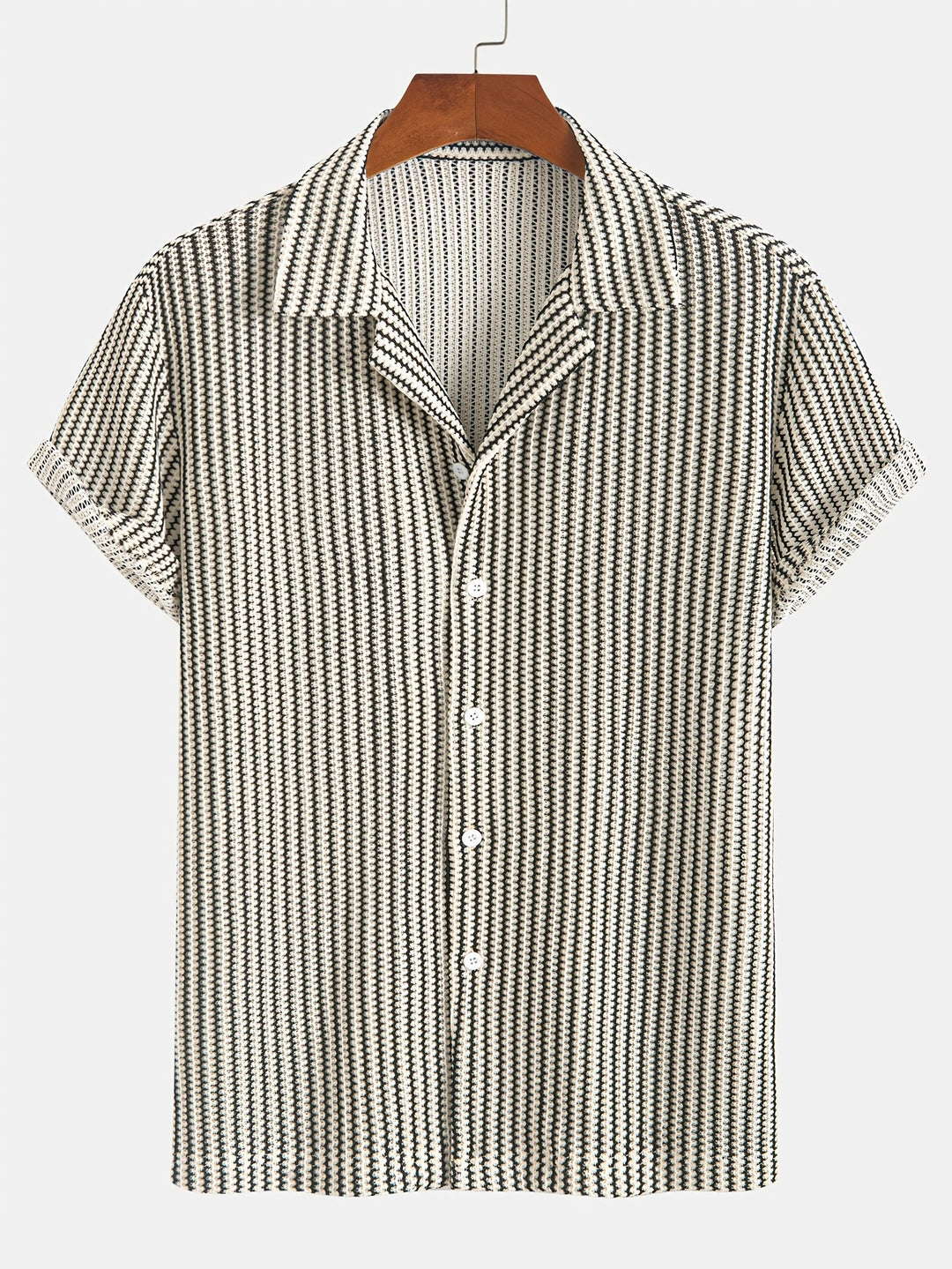 Classic striped men's knit button-up shirt. Short sleeve, relaxed fit, breathable, perfect for summer casual wear.