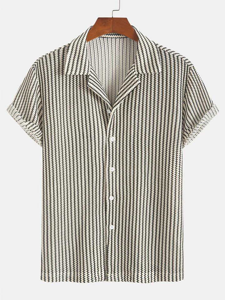 Classic striped men's knit button-up shirt. Short sleeve, relaxed fit, breathable, perfect for summer casual wear.