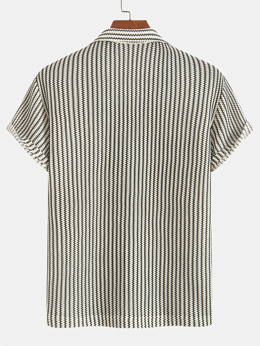 Versatile men's striped knit short sleeve button-up. Stretch fabric, fashionable for summer and casual events.