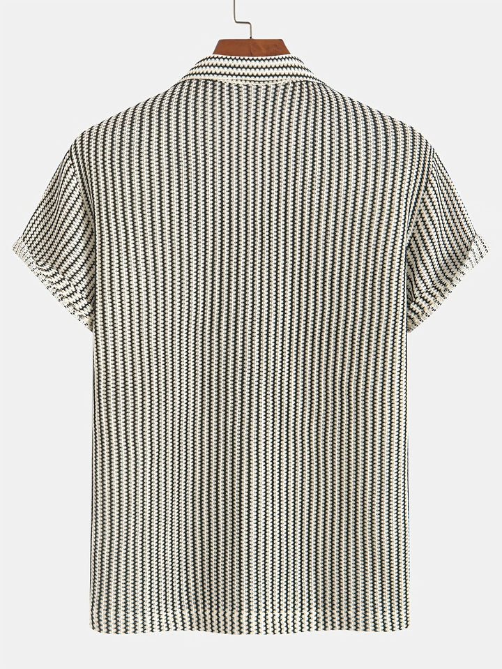 Versatile men's striped knit short sleeve button-up. Stretch fabric, fashionable for summer and casual events.