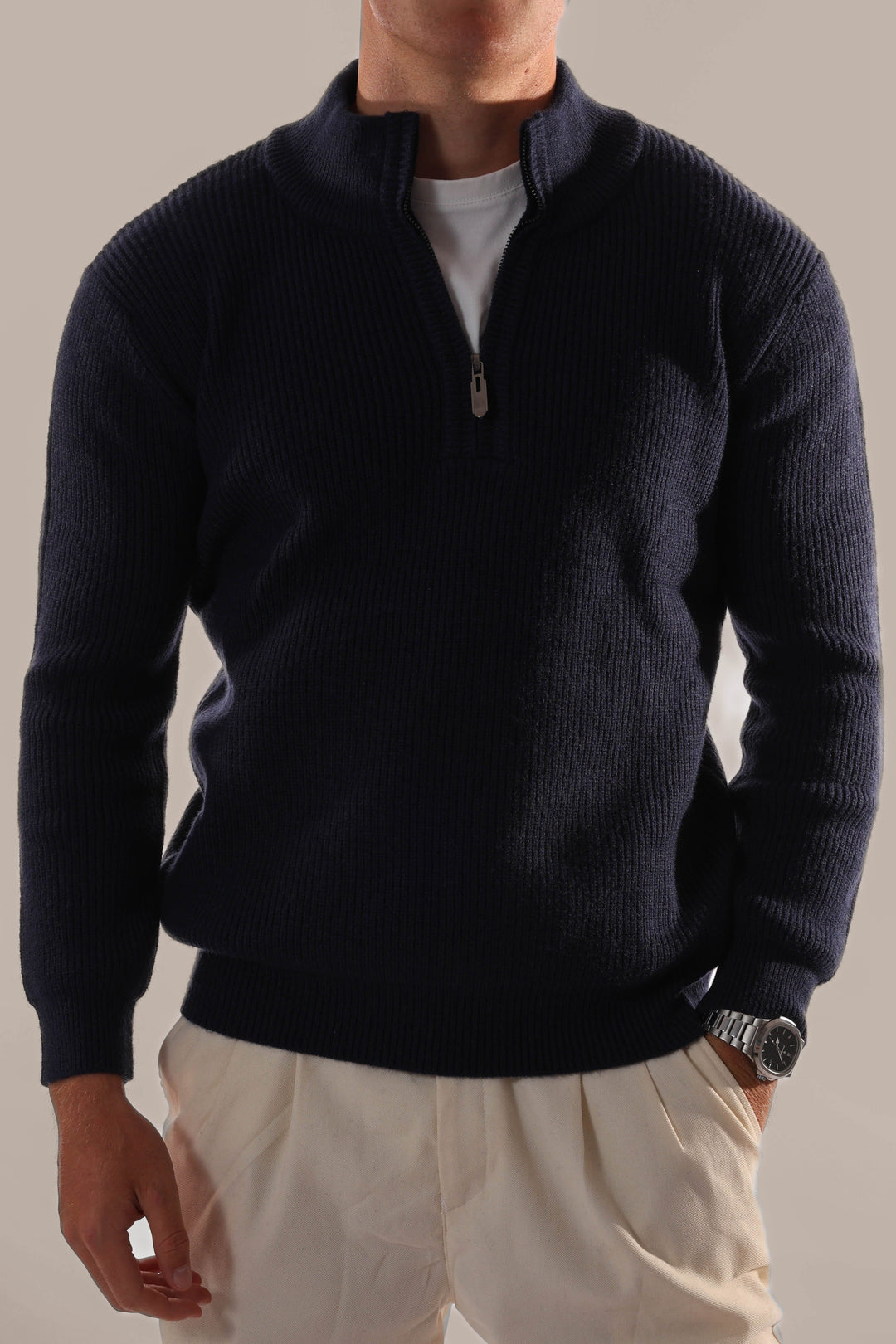 Men's knitted half-zip jumper with stand collar for versatile casual & smart casual layering. Perfect autumn/winter wear.