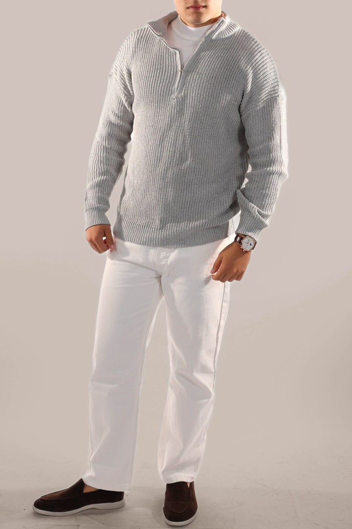 Back view of a men's comfortable knitted half-zip jumper, showcasing its versatile design for everyday autumn & winter layering.