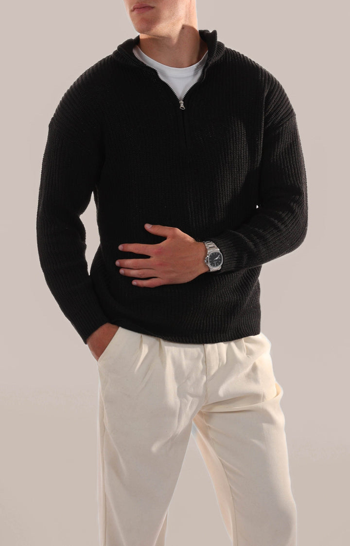 Versatile men's knitted half-zip jumper worn casually, perfect for comfortable smart casual autumn & winter layering.
